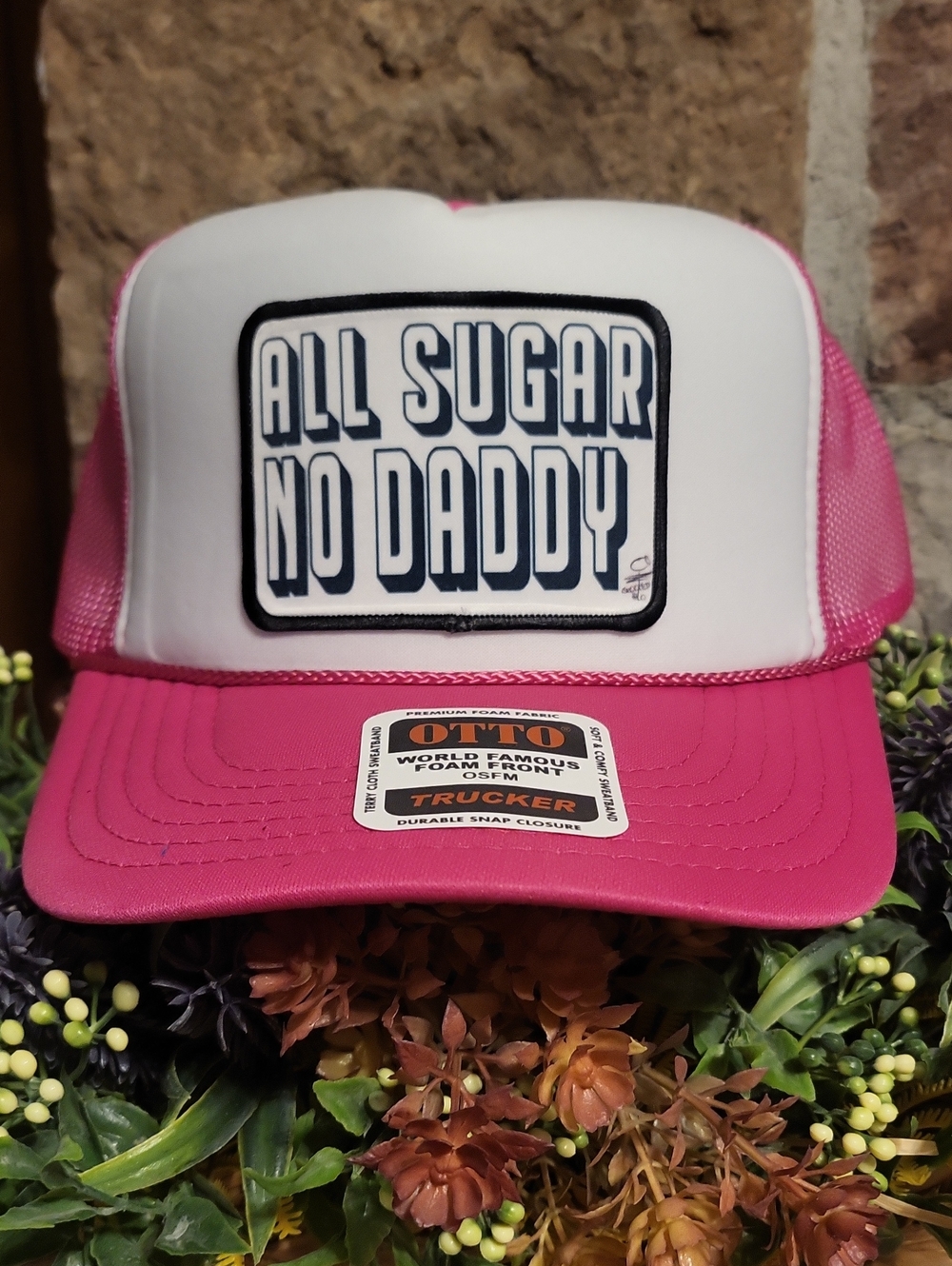 OTTO White and Pink Trucker Hat with "All Sugar No Daddy" Patch
